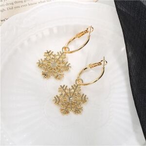 Gold Snowflake Hoop Drop Earrings